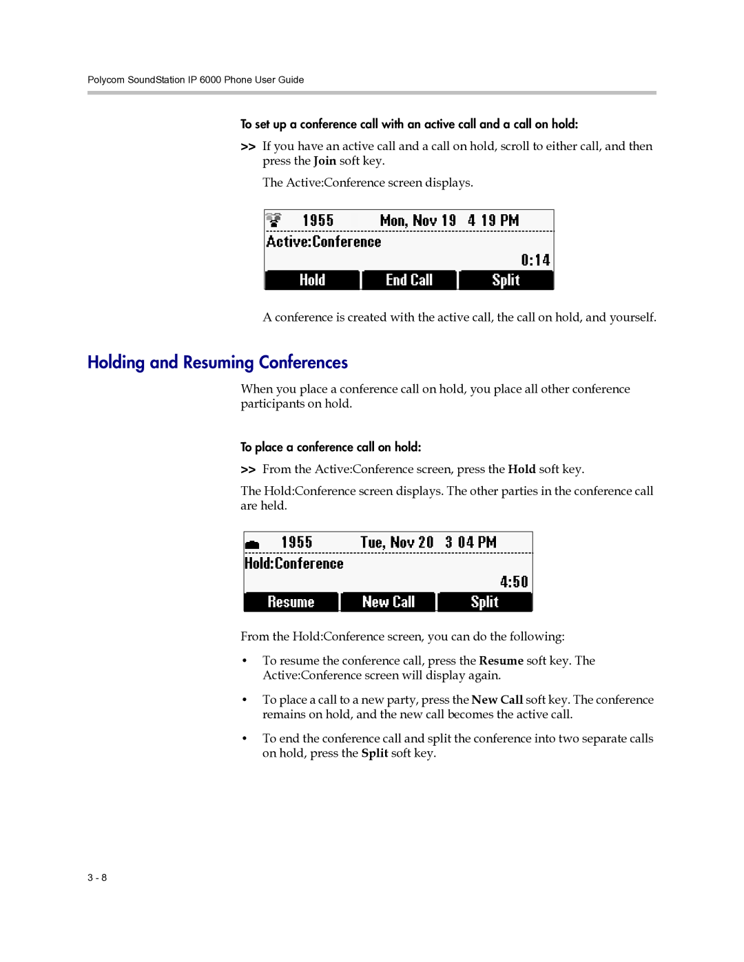 Polycom 6000 manual Holding and Resuming Conferences 