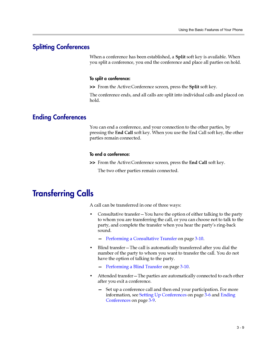 Polycom 6000 manual Transferring Calls, Splitting Conferences, Ending Conferences 