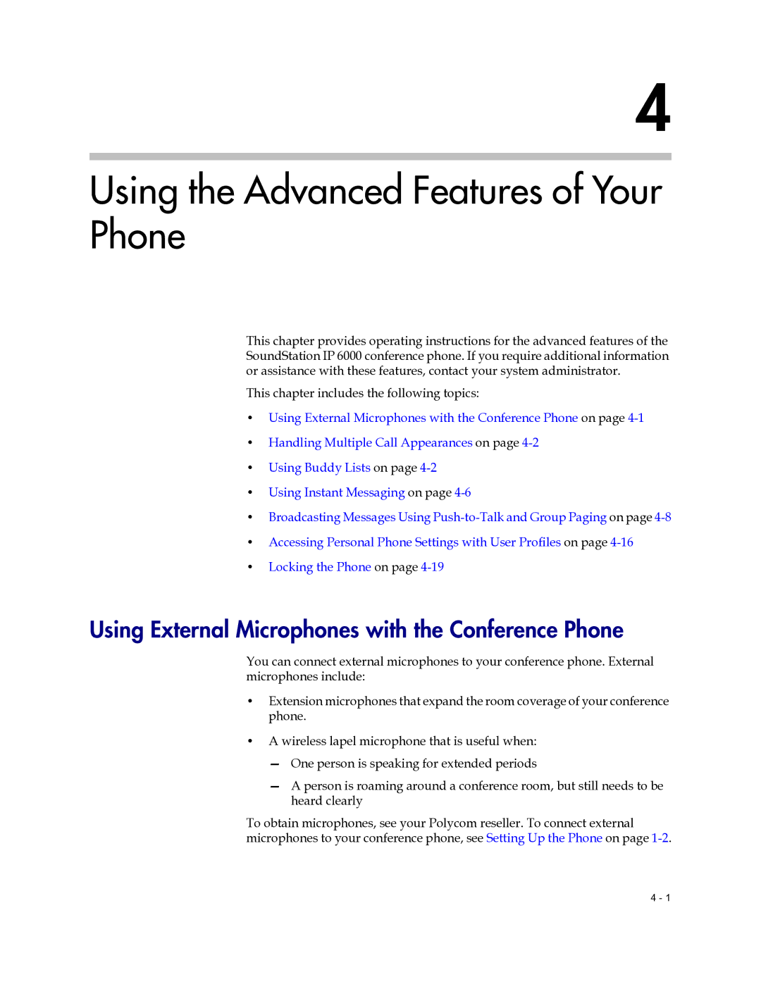 Polycom 6000 manual Using the Advanced Features of Your Phone, Using External Microphones with the Conference Phone 