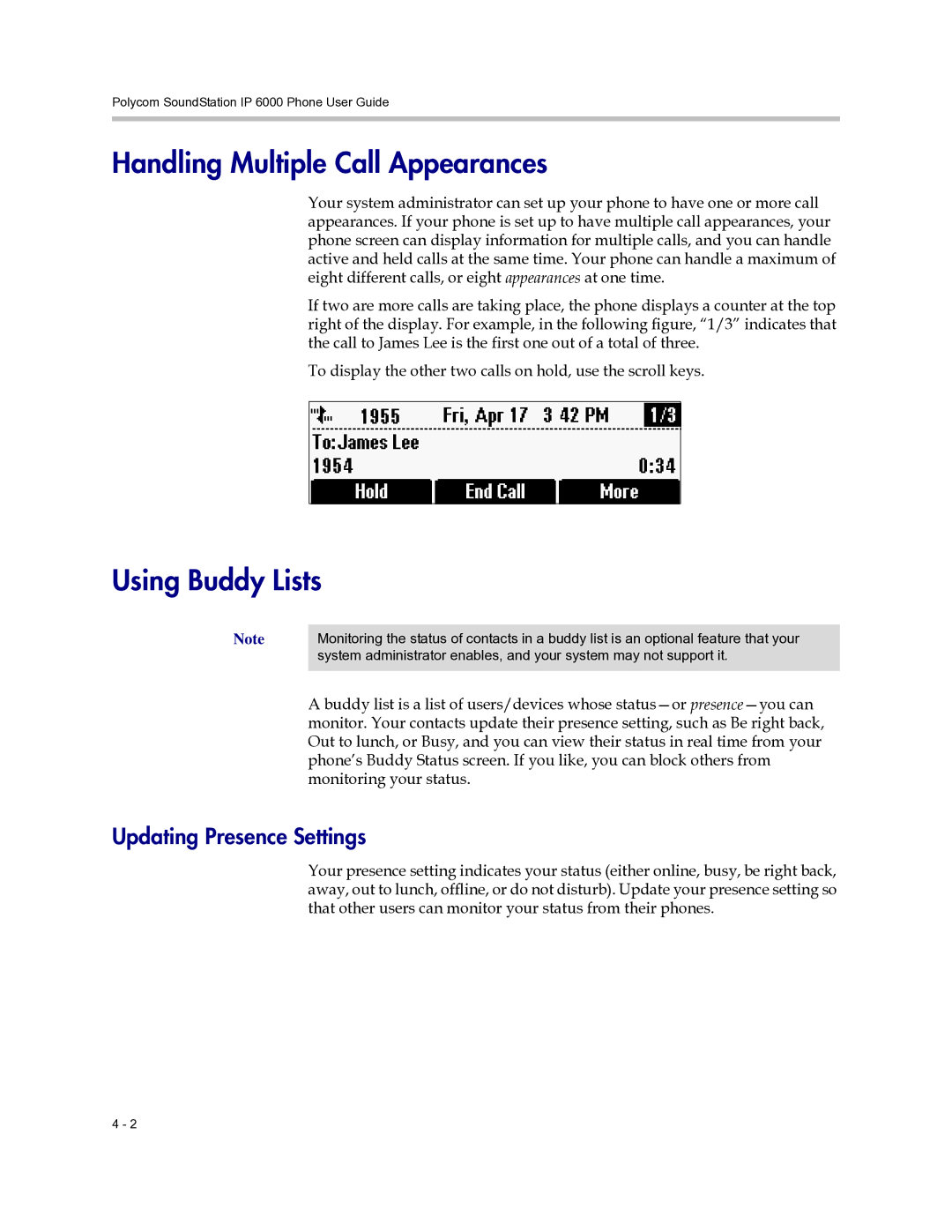 Polycom 6000 manual Handling Multiple Call Appearances, Using Buddy Lists, Updating Presence Settings 