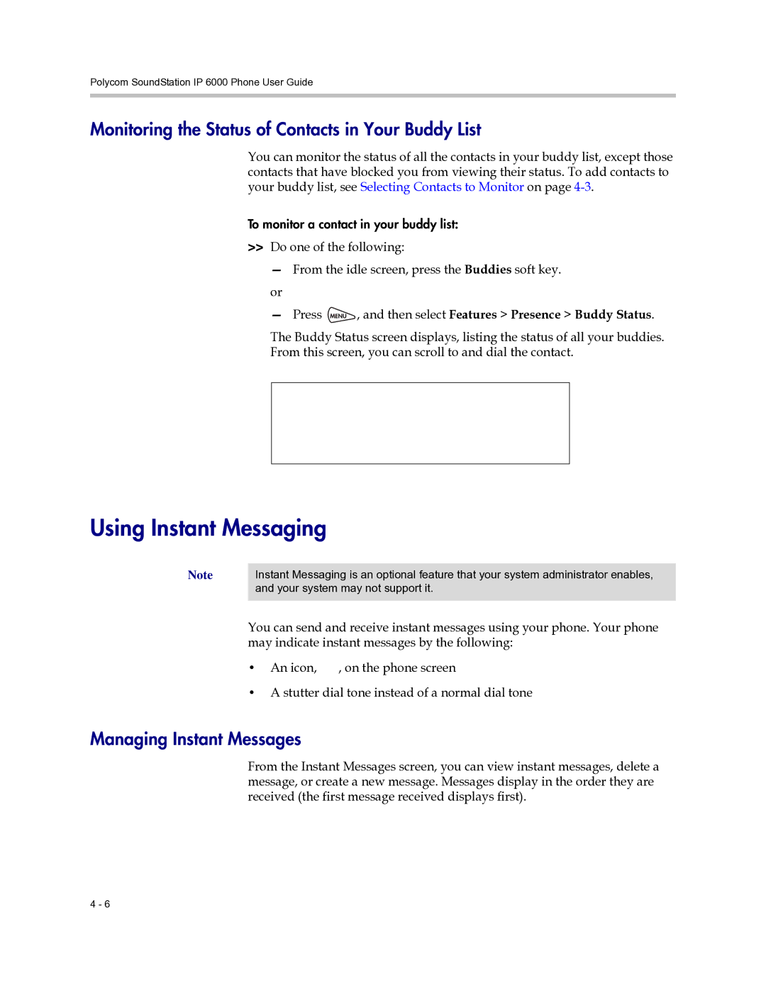 Polycom 6000 Using Instant Messaging, Monitoring the Status of Contacts in Your Buddy List, Managing Instant Messages 