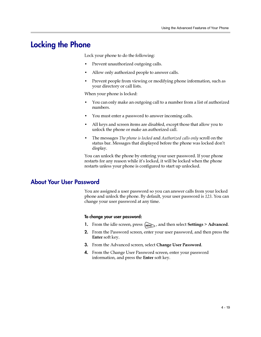 Polycom 6000 manual Locking the Phone, About Your User Password 