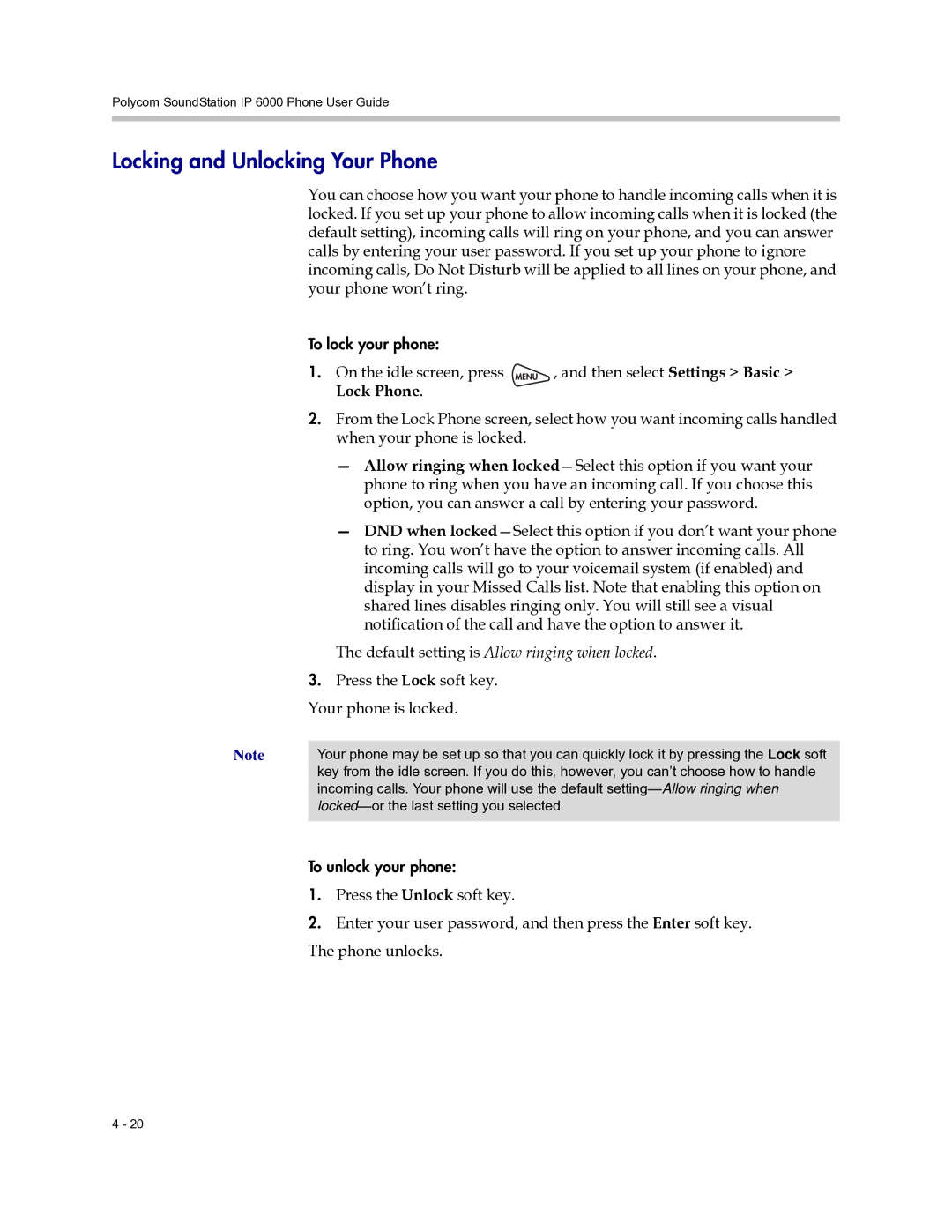 Polycom 6000 manual Locking and Unlocking Your Phone, On the idle screen, press Then select Settings Basic 