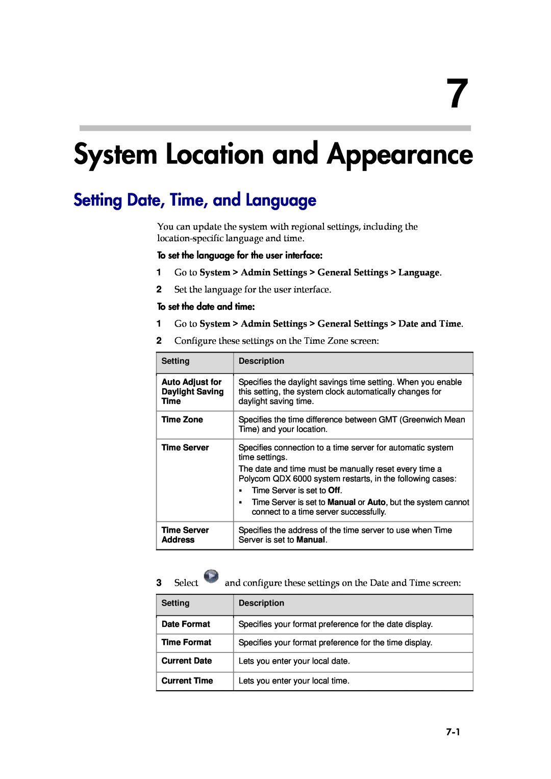 Polycom 6000 System Location and Appearance, Setting Date, Time, and Language, To set the language for the user interface 
