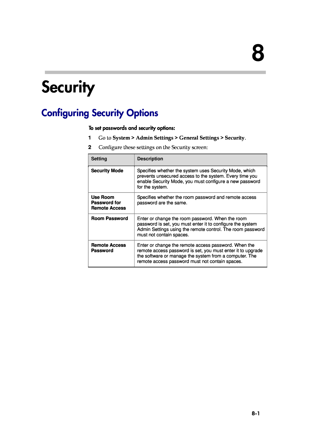 Polycom 6000 manual Configuring Security Options, To set passwords and security options 