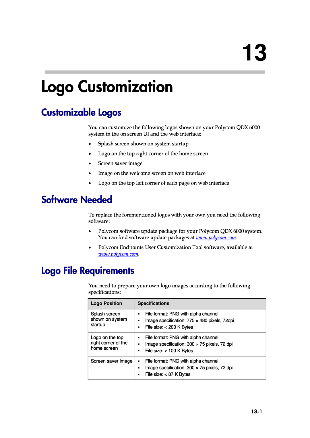 Polycom 6000 manual Logo Customization, Customizable Logos, Software Needed, Logo File Requirements, 13-1 