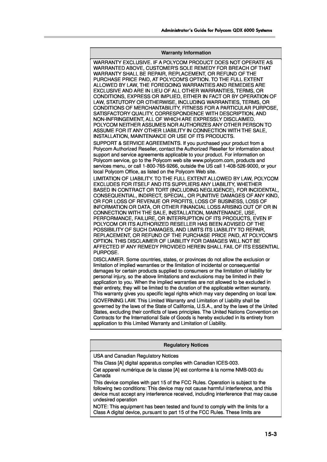 Polycom 6000 manual 15-3, USA and Canadian Regulatory Notices 