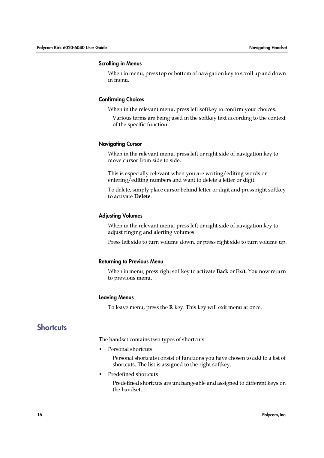 Polycom 6040 manual Shortcuts 