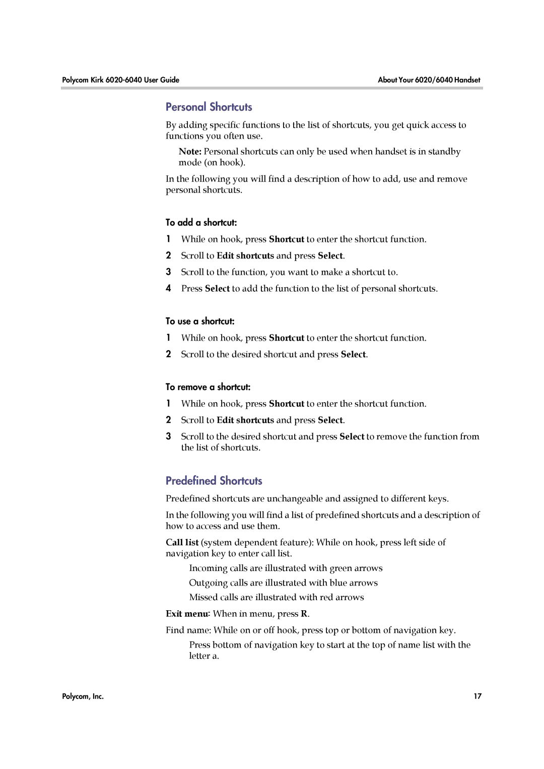 Polycom 6040 manual Personal Shortcuts 