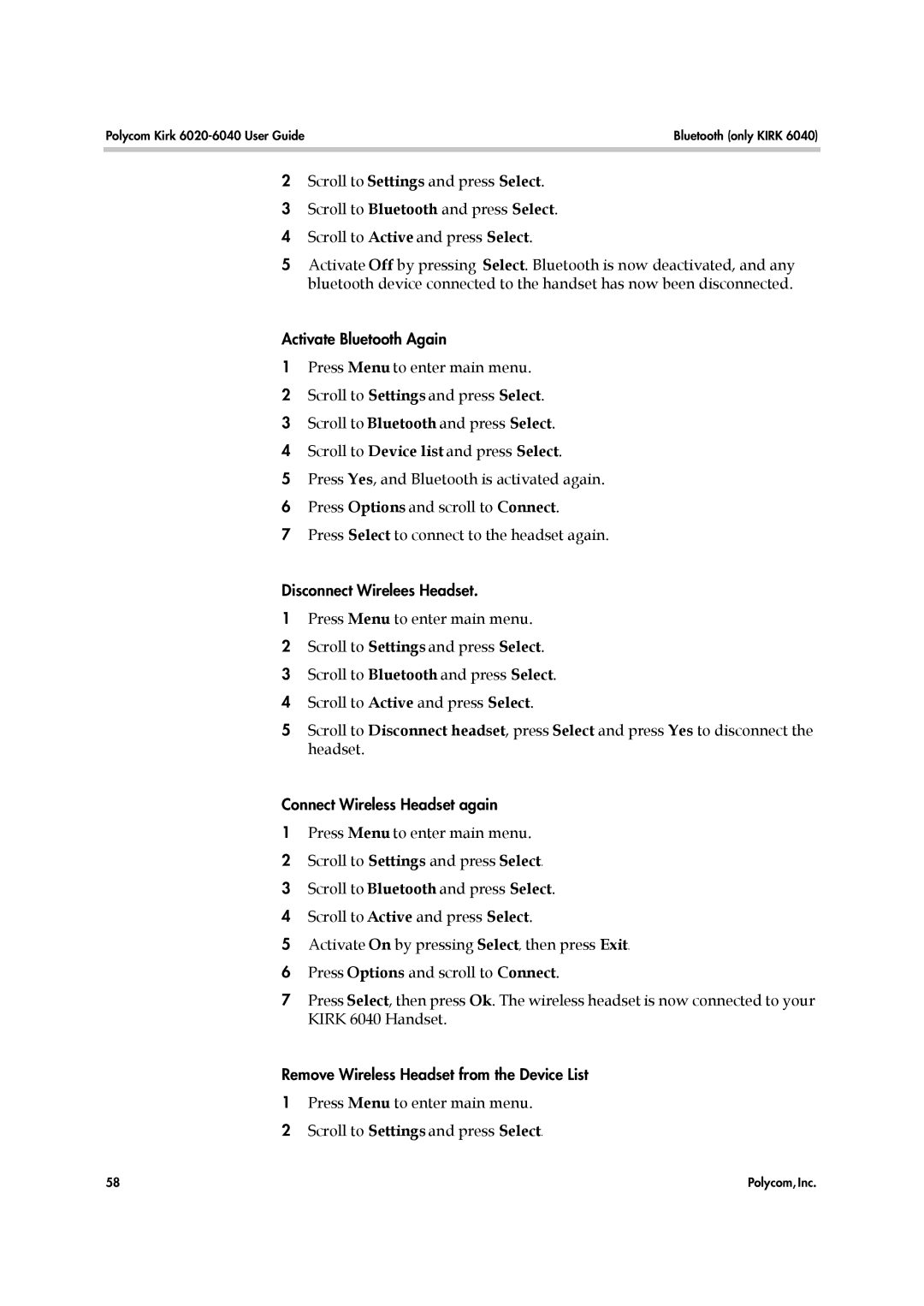 Polycom 6040 manual Activate Bluetooth Again 