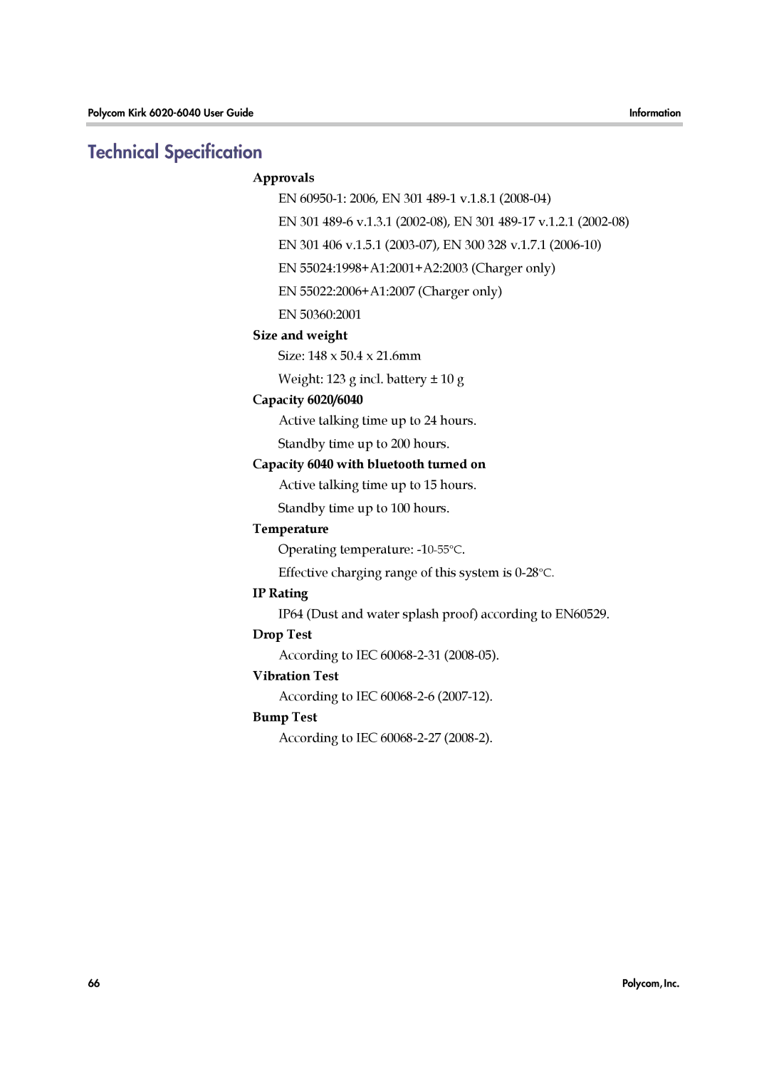 Polycom 6040 manual Technical Specification 