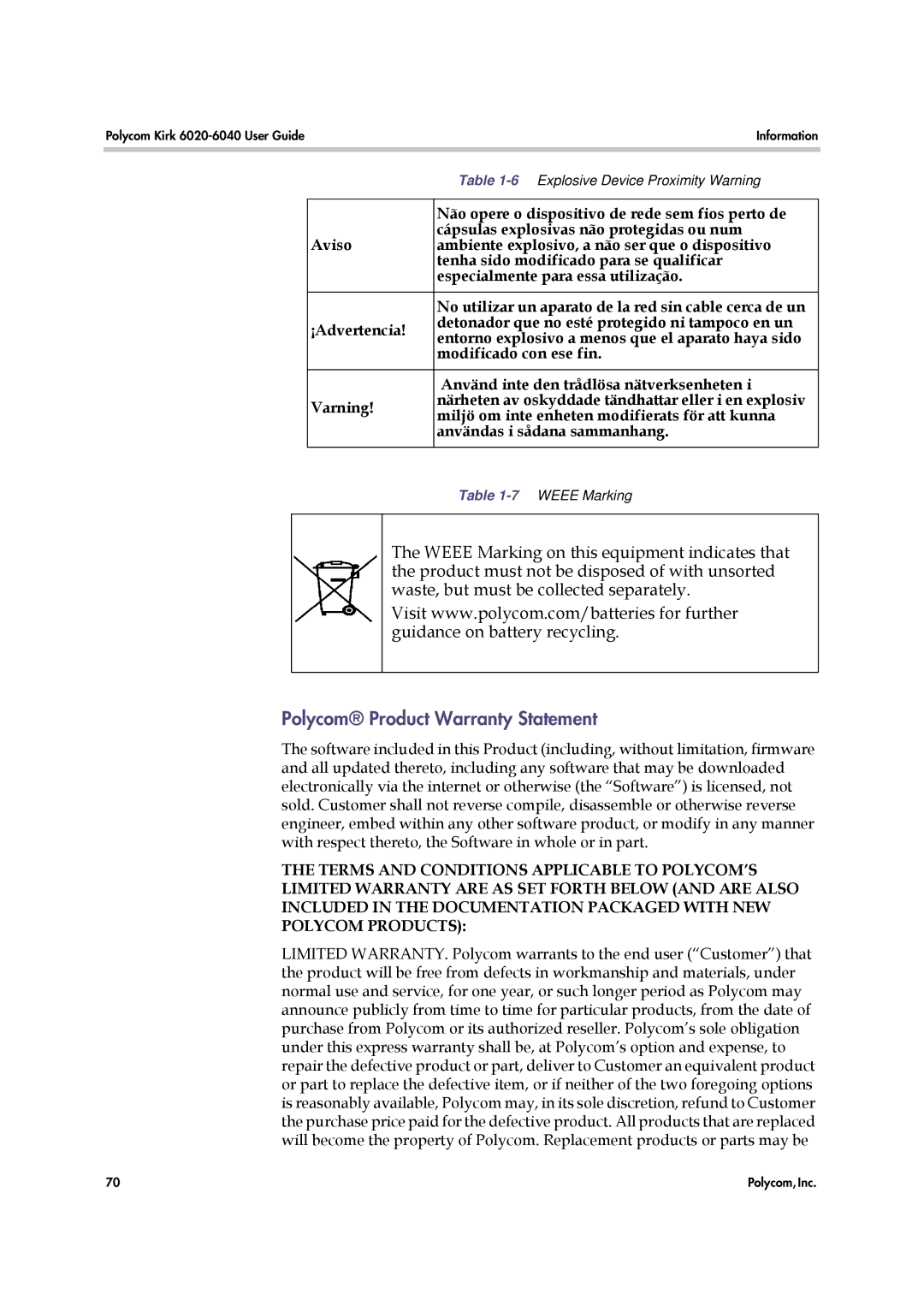 Polycom 6040 manual Polycom Product Warranty Statement, Não opere o dispositivo de rede sem fios perto de 