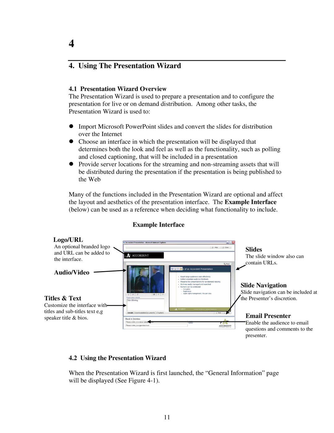 Polycom 6.1 Presentation Wizard Overview, Example Interface Logo/URL, Audio/Video Titles & Text, Slides, Slide Navigation 