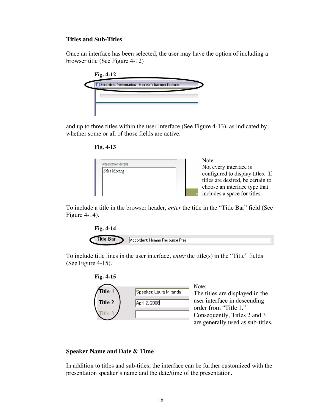 Polycom 6.1 user manual Titles and Sub-Titles, Speaker Name and Date & Time 