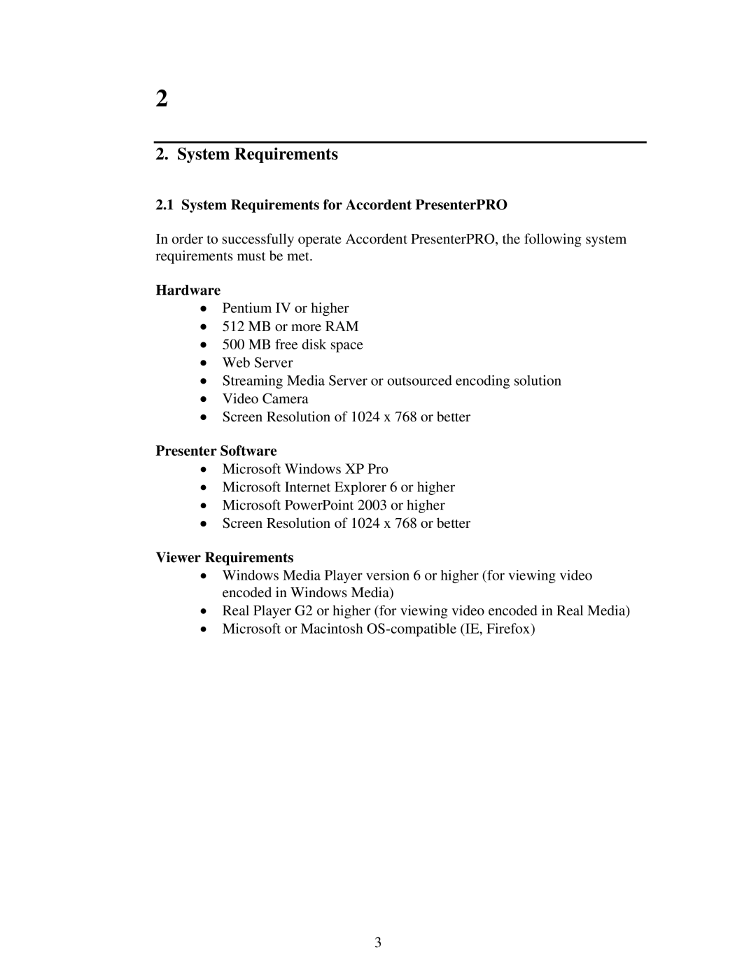 Polycom 6.1 user manual System Requirements for Accordent PresenterPRO, Hardware, Presenter Software, Viewer Requirements 