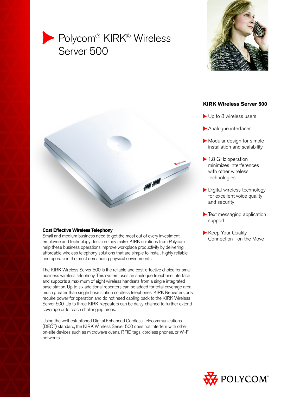 Polycom 623128UK manual Kirk Wireless Server, Up to 8 wireless users Analogue interfaces, Polycom KIRK Wireless Server 
