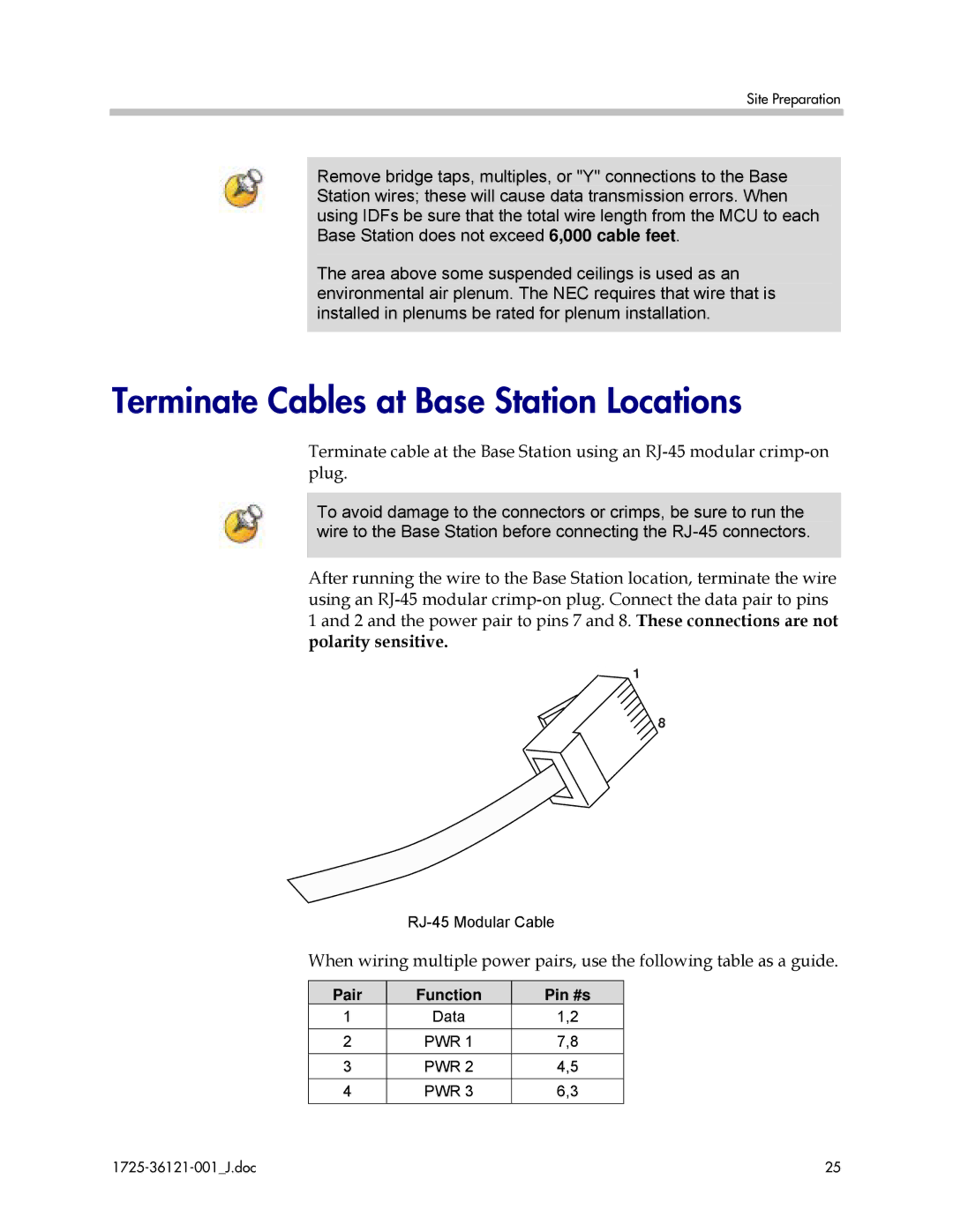 Polycom 6300 MCU manual Terminate Cables at Base Station Locations, Pair Function Pin #s 