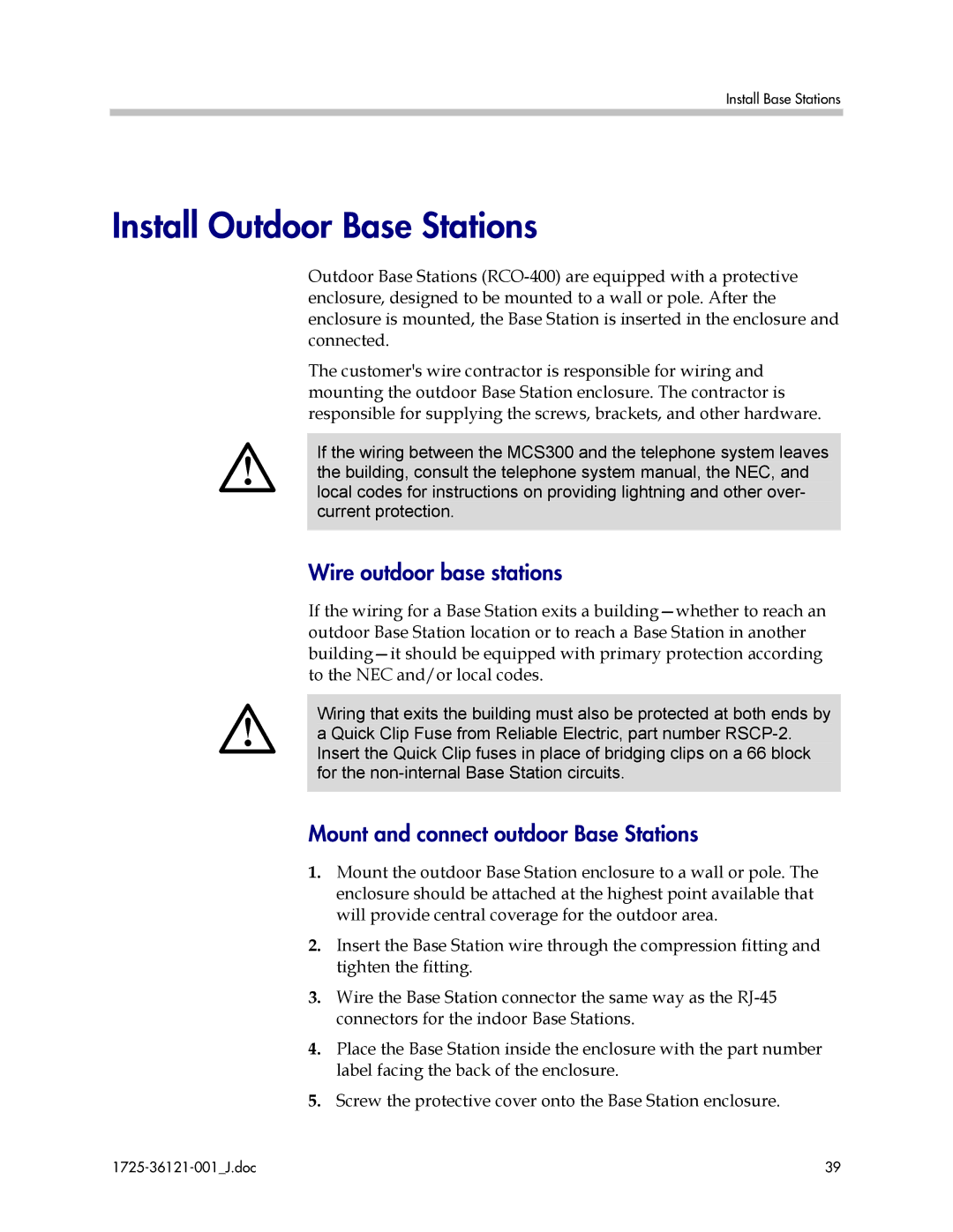 Polycom 6300 MCU manual Install Outdoor Base Stations, Wire outdoor base stations, Mount and connect outdoor Base Stations 