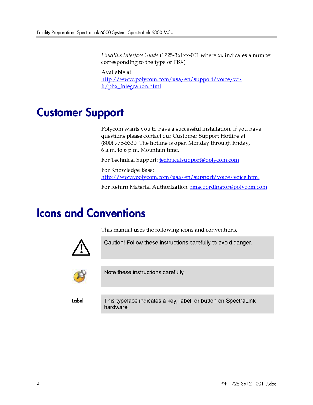 Polycom 6300 MCU manual Customer Support, Icons and Conventions 