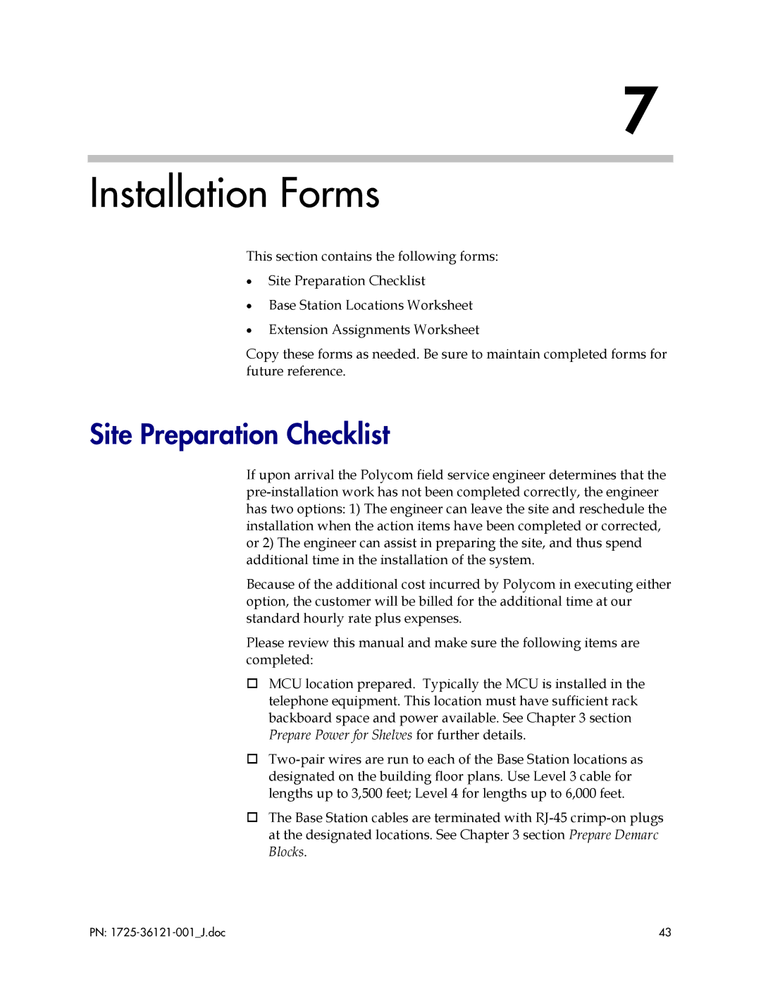 Polycom 6300 MCU manual Installation Forms, Site Preparation Checklist 