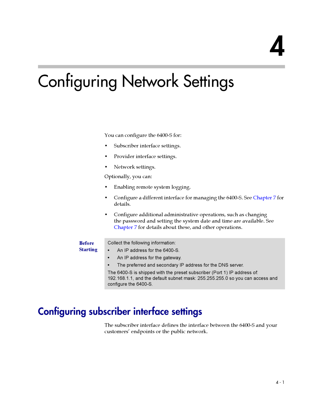 Polycom 6400-S manual Configuring Network Settings, Configuring subscriber interface settings, Before Starting 