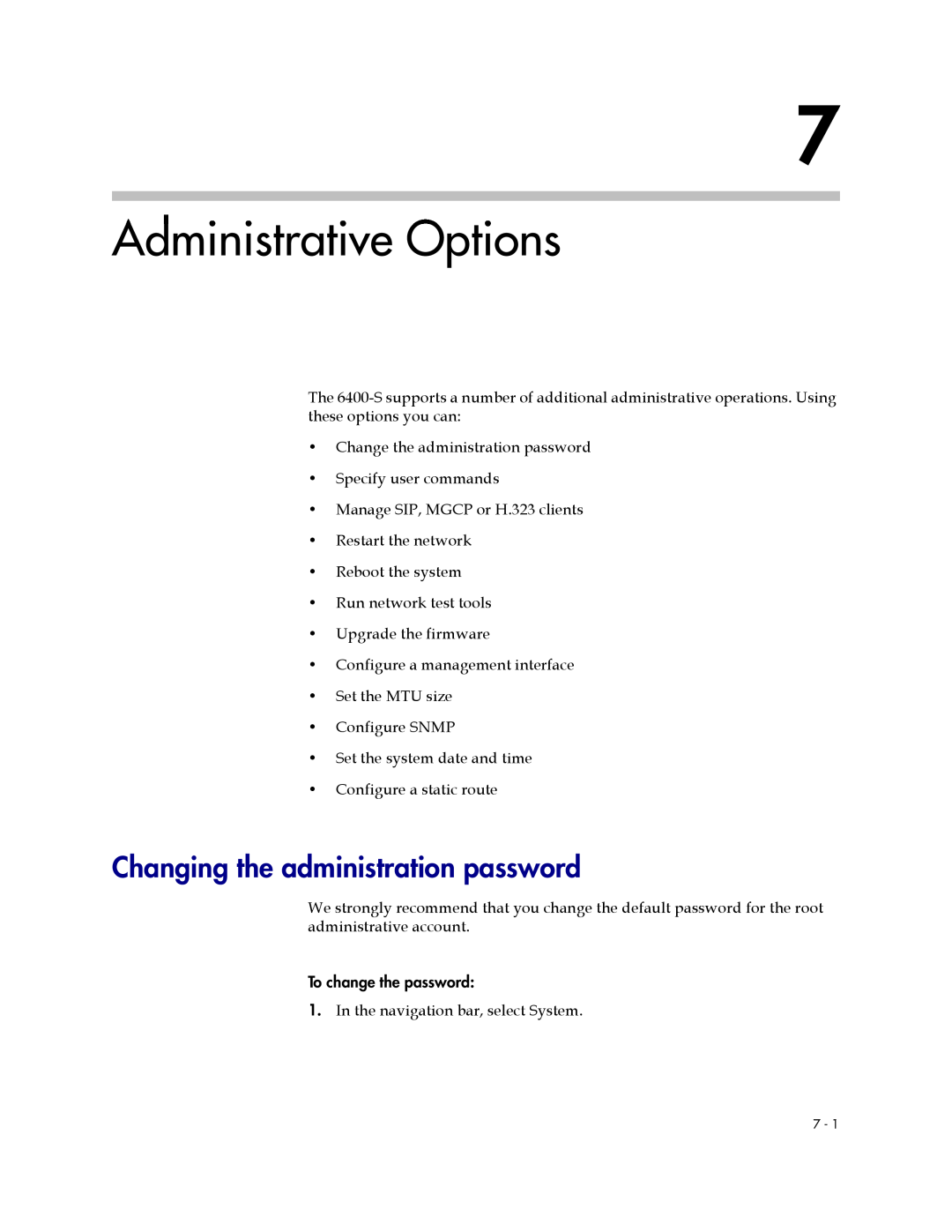 Polycom 6400-S manual Administrative Options, Changing the administration password 