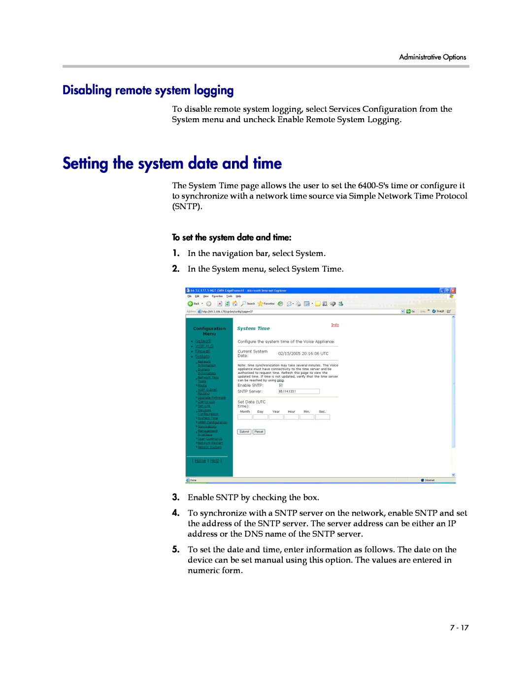 Polycom 6400-S manual Setting the system date and time, Disabling remote system logging 