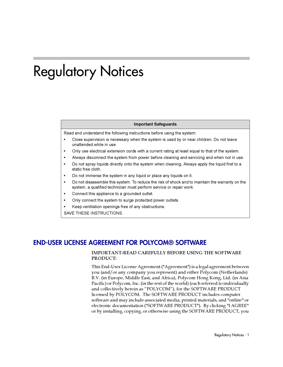 Polycom 6400-S manual Regulatory Notices, End-User License Agreement For Polycom Software, Important Safeguards 
