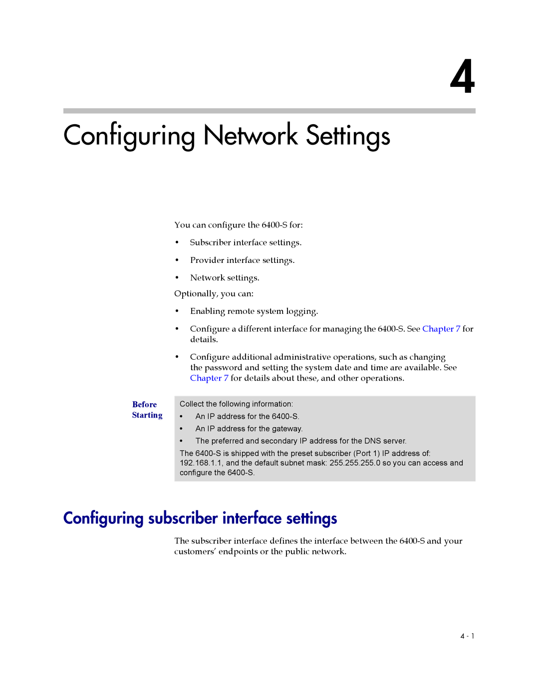 Polycom 6400-S manual Configuring Network Settings, Configuring subscriber interface settings 