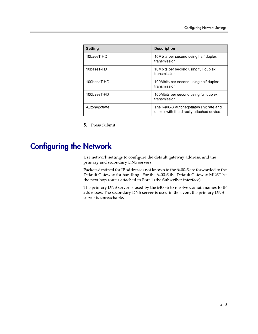 Polycom 6400-S manual Configuring the Network, Setting Description 