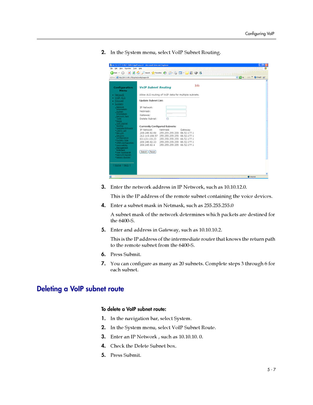 Polycom 6400-S manual Deleting a VoIP subnet route 