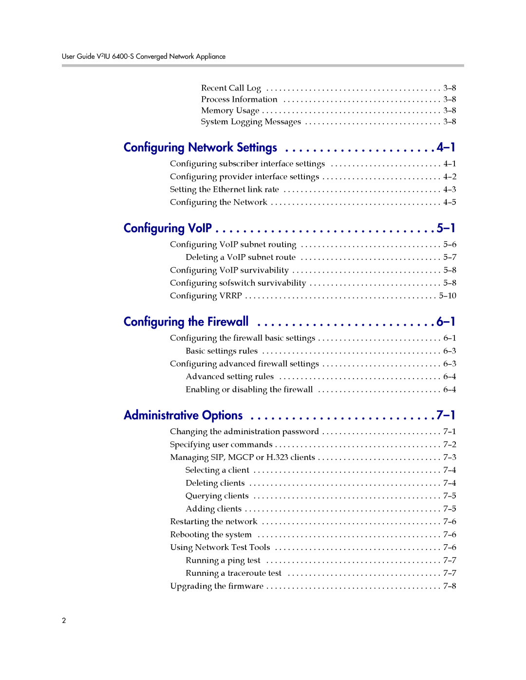 Polycom 6400-S manual Configuring Network Settings, Configuring VoIP, Configuring the Firewall, Administrative Options 