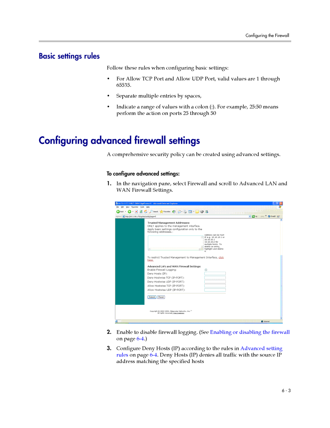 Polycom 6400-S manual Configuring advanced firewall settings, Basic settings rules 