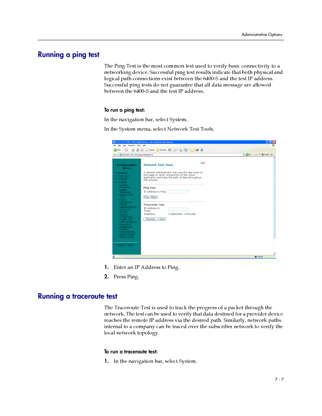 Polycom 6400-S manual Running a ping test, Running a traceroute test 