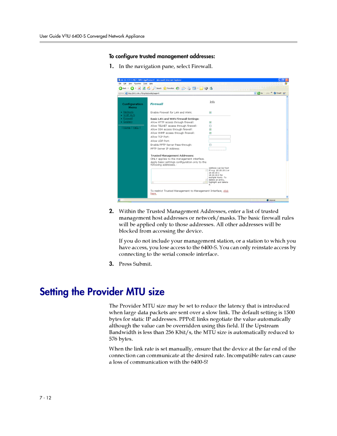 Polycom 6400-S manual Setting the Provider MTU size 