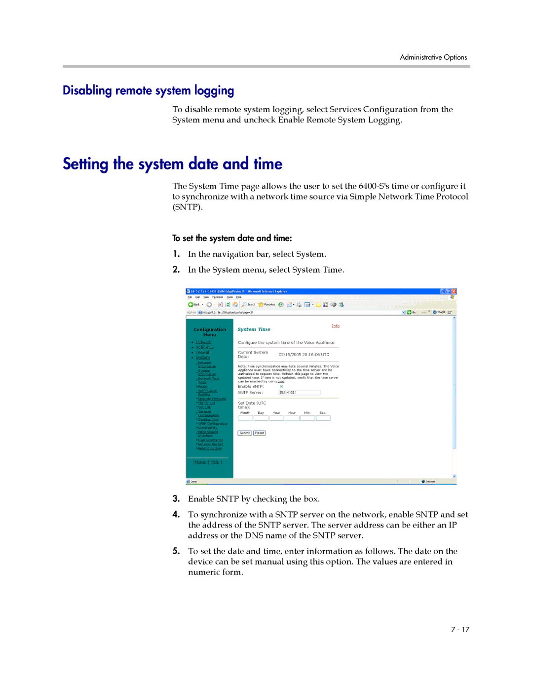 Polycom 6400-S manual Setting the system date and time, Disabling remote system logging 