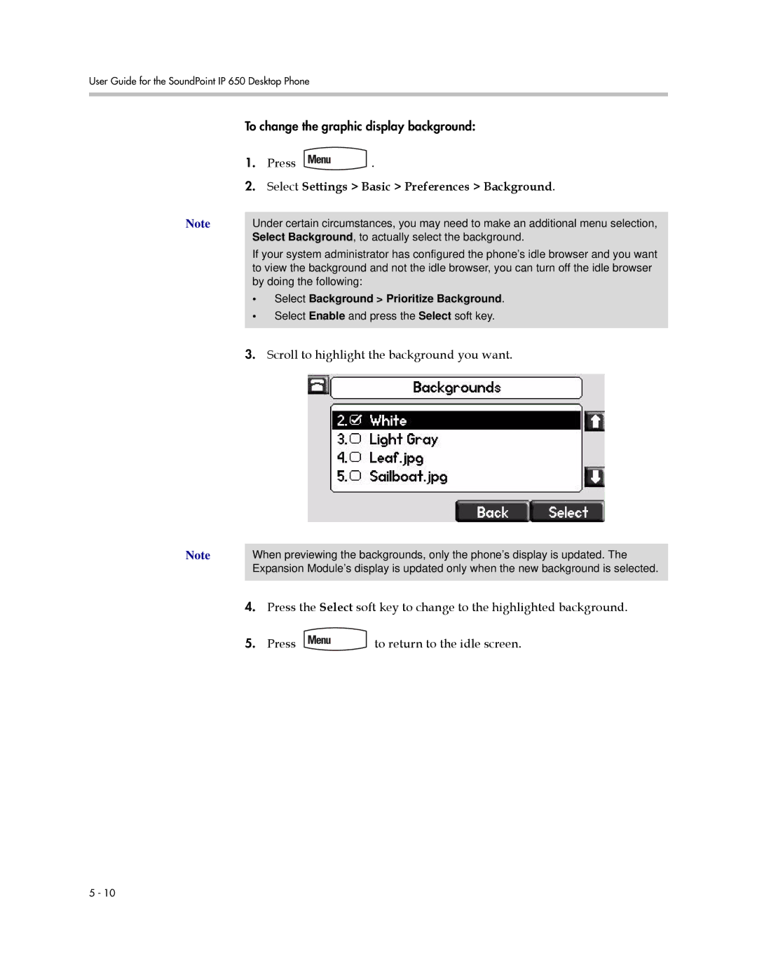 Polycom IP 650 manual Select Settings Basic Preferences Background, Scroll to highlight the background you want 