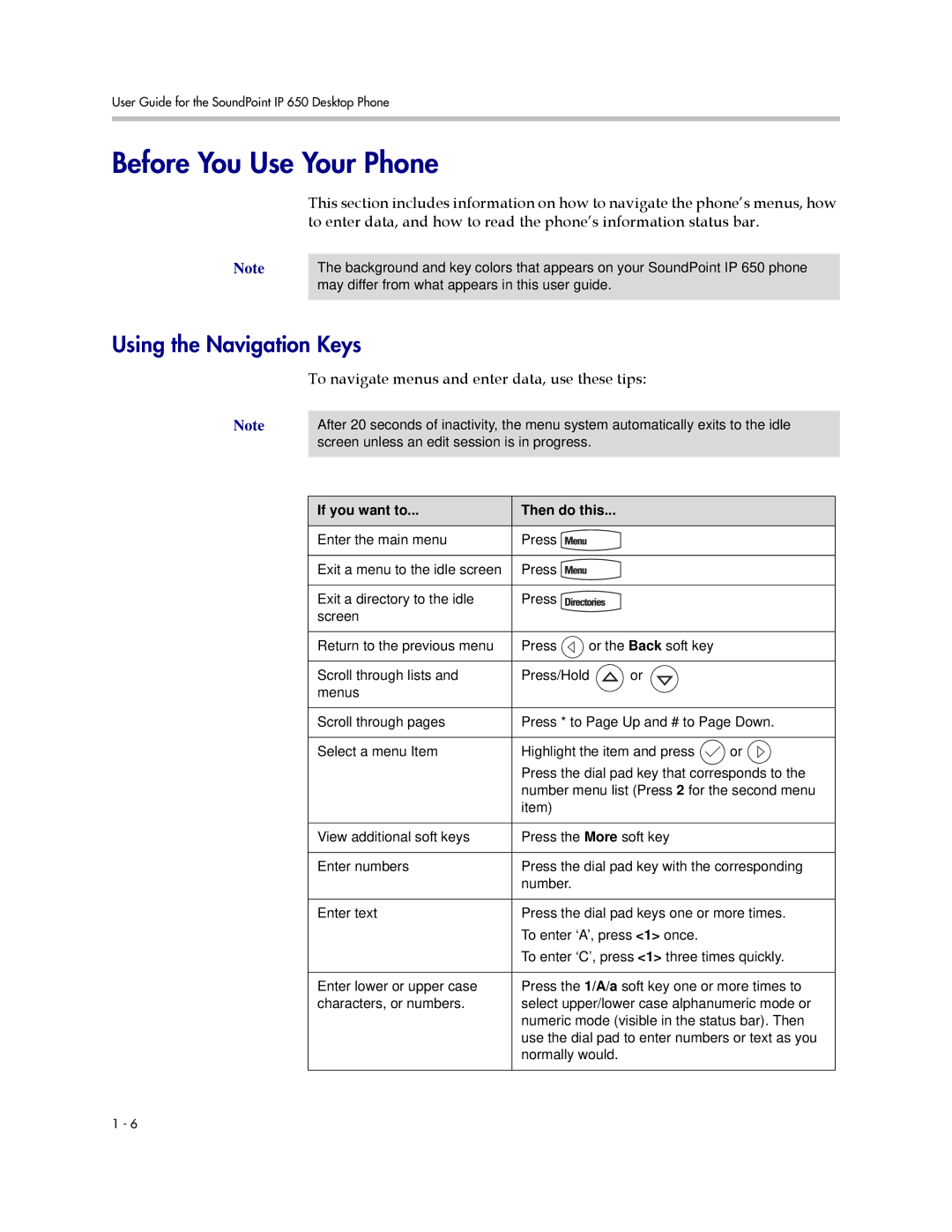 Polycom IP 650 Before You Use Your Phone, Using the Navigation Keys, To navigate menus and enter data, use these tips 