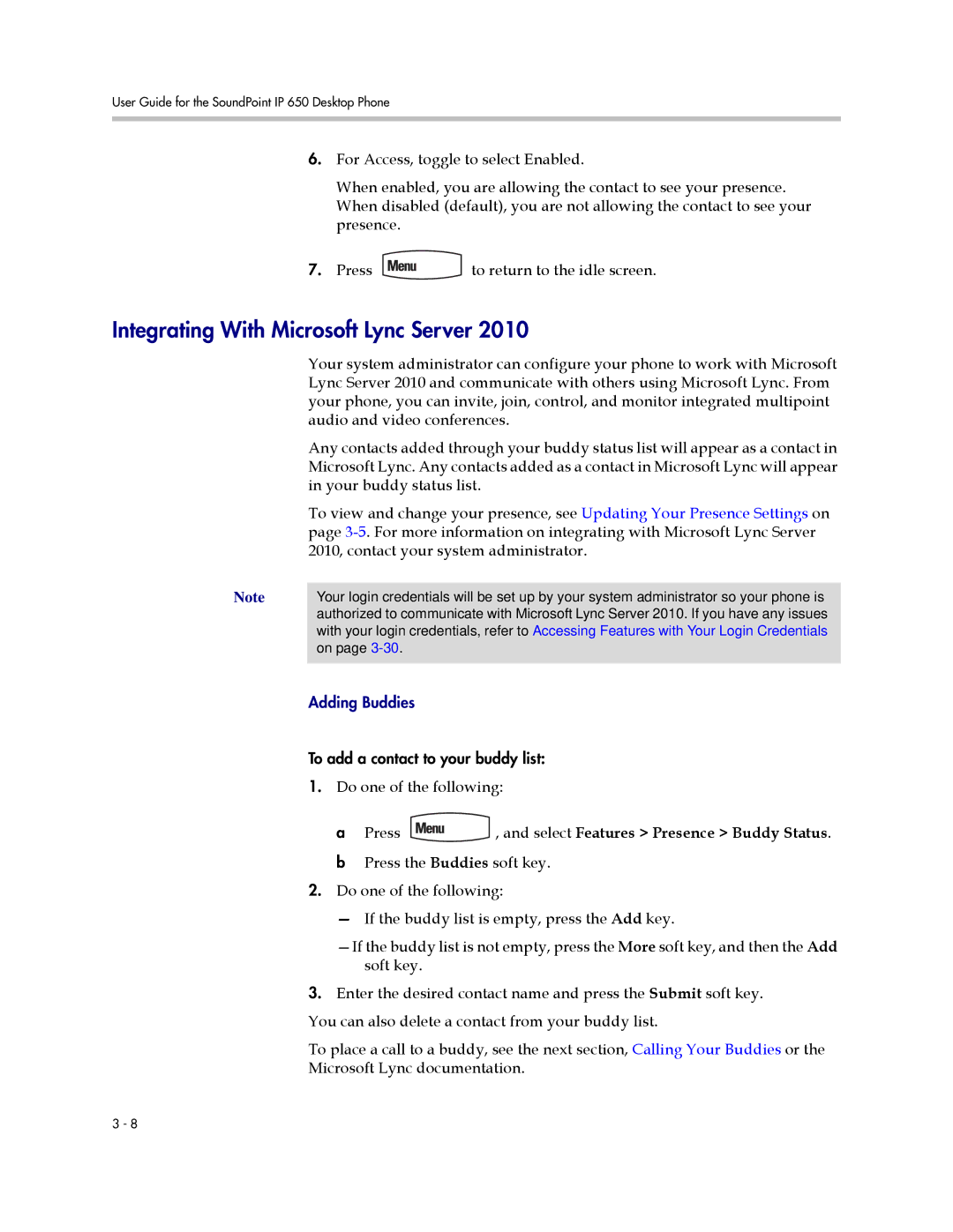 Polycom IP 650 manual Integrating With Microsoft Lync Server, Audio and video conferences, Your buddy status list 