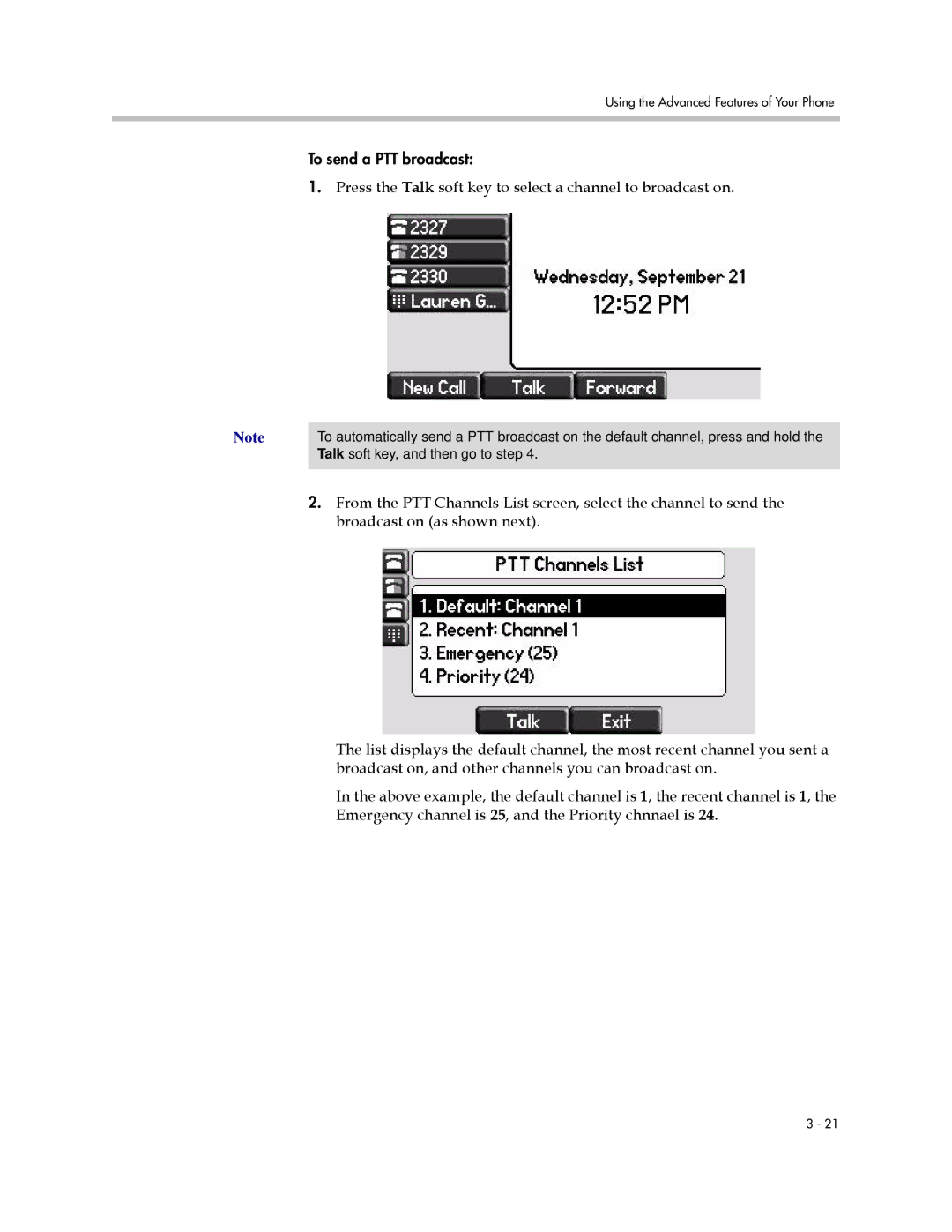 Polycom IP 650 manual Press the Talk soft key to select a channel to broadcast on 