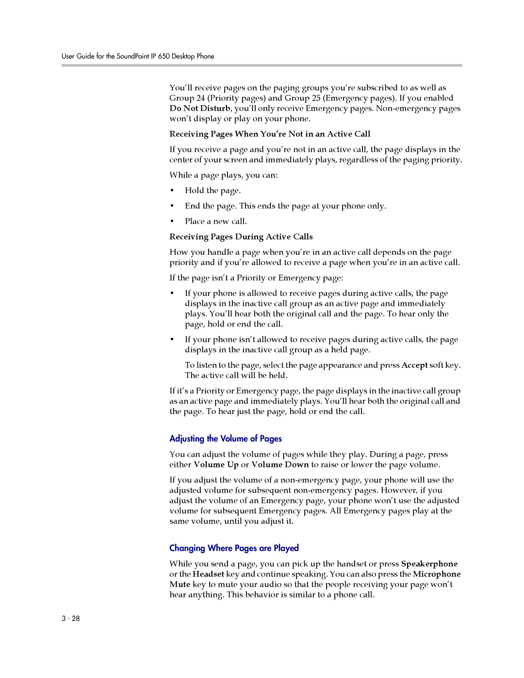 Polycom IP 650 manual Receiving Pages When You’re Not in an Active Call, Receiving Pages During Active Calls 
