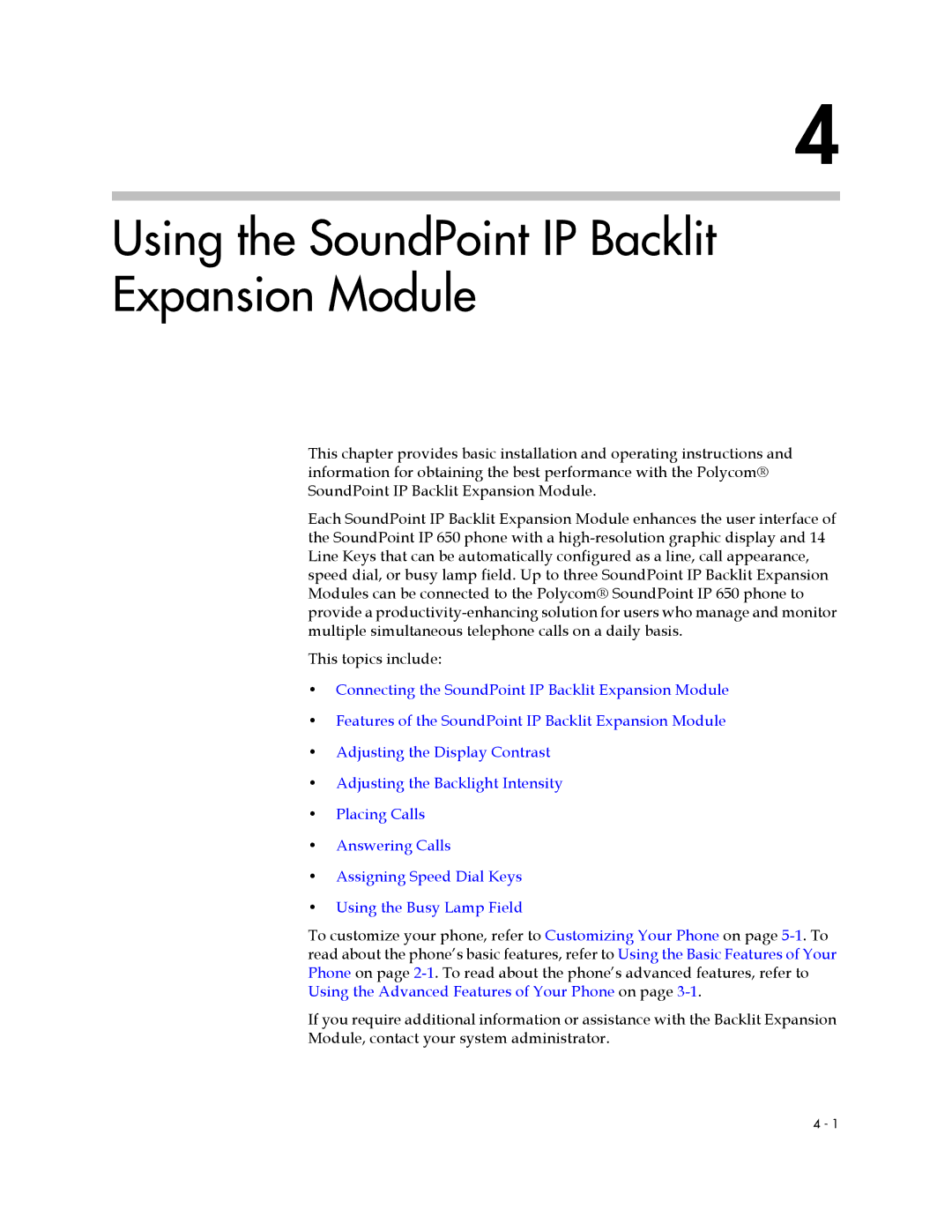 Polycom IP 650 manual Using the SoundPoint IP Backlit Expansion Module 