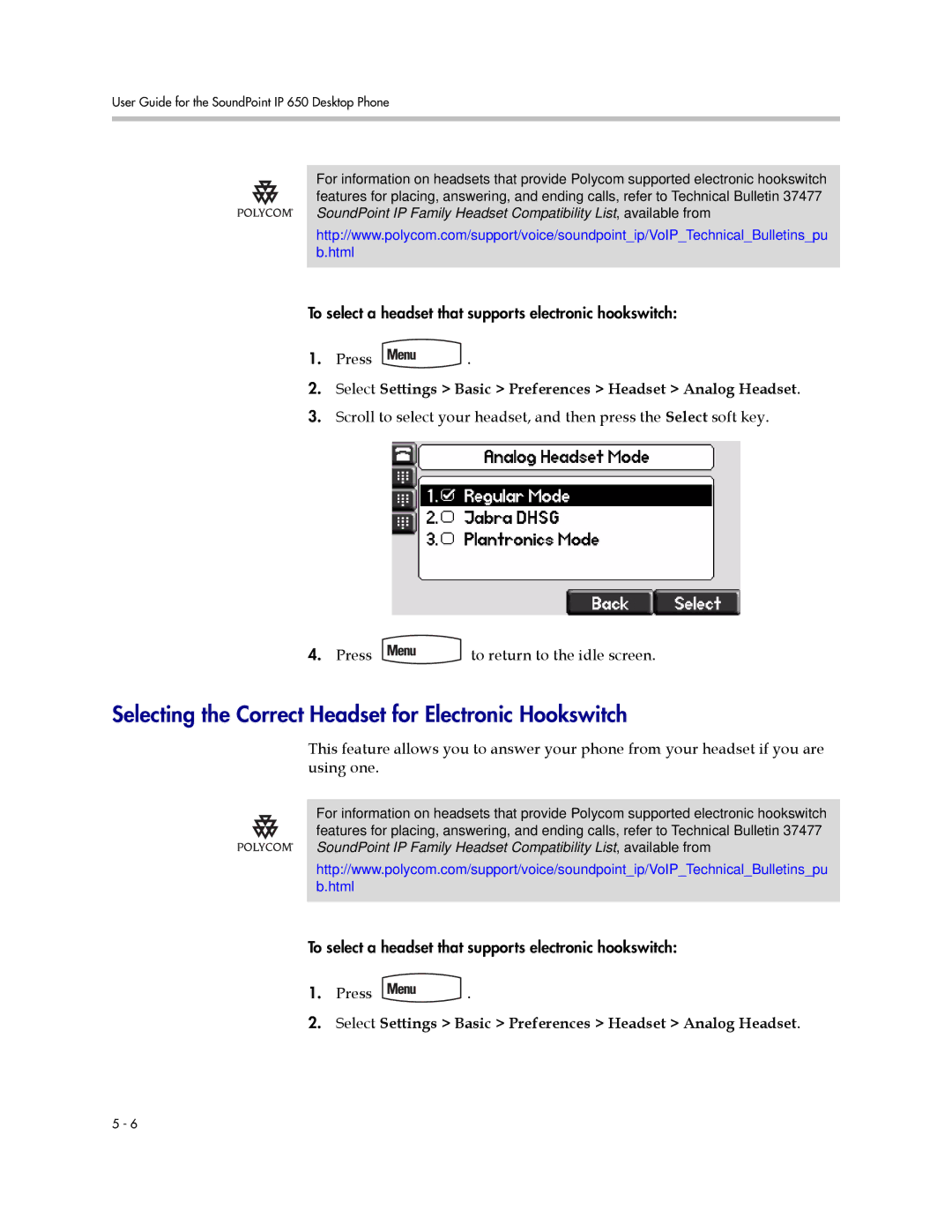 Polycom IP 650 manual Selecting the Correct Headset for Electronic Hookswitch 