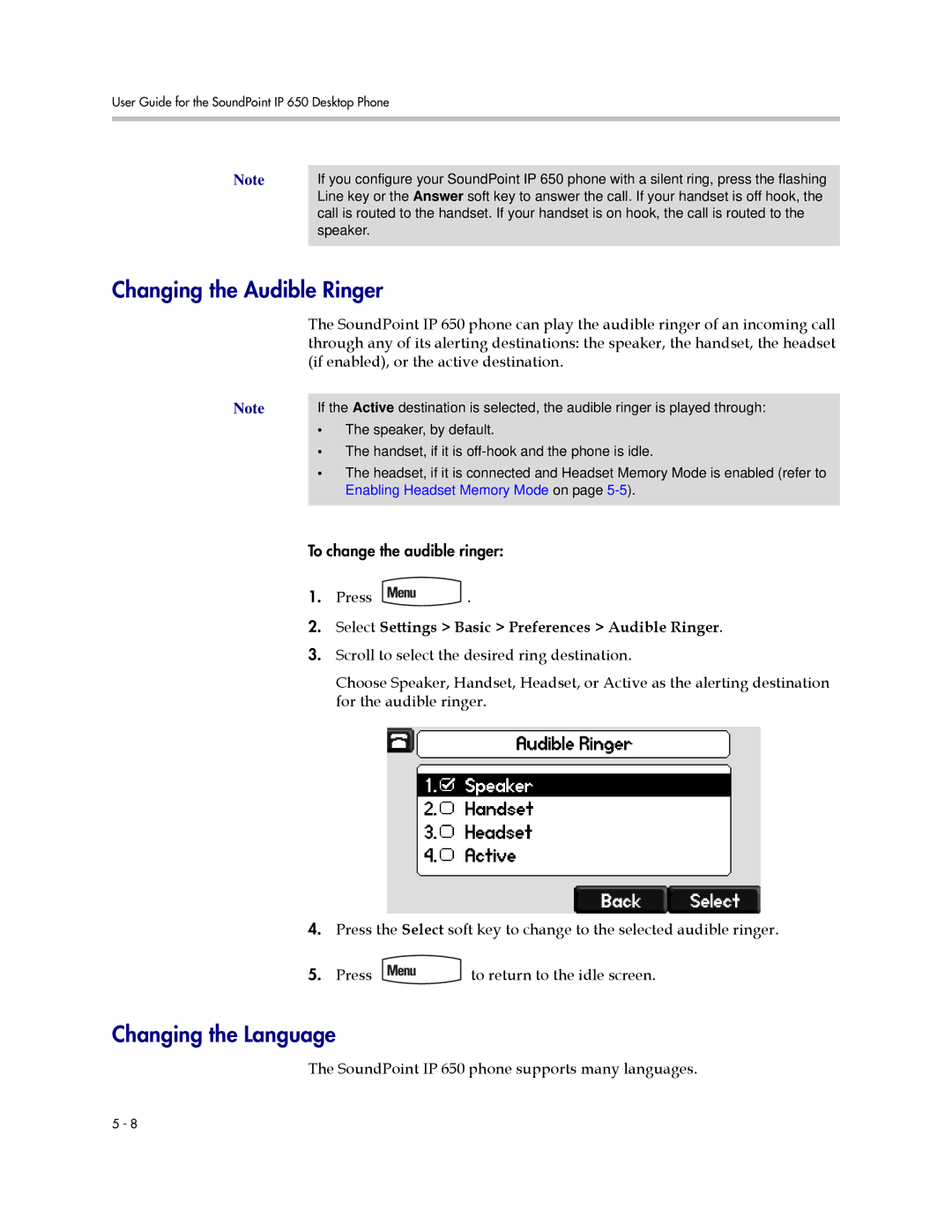 Polycom IP 650 Changing the Audible Ringer, Changing the Language, Select Settings Basic Preferences Audible Ringer 