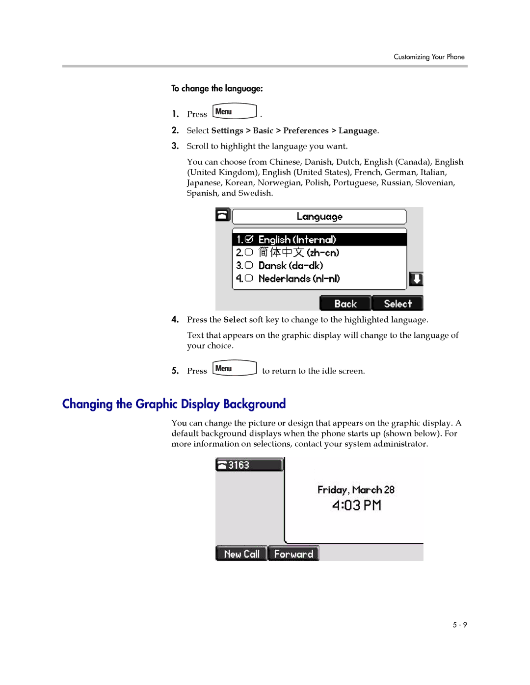 Polycom IP 650 manual Changing the Graphic Display Background, Select Settings Basic Preferences Language 