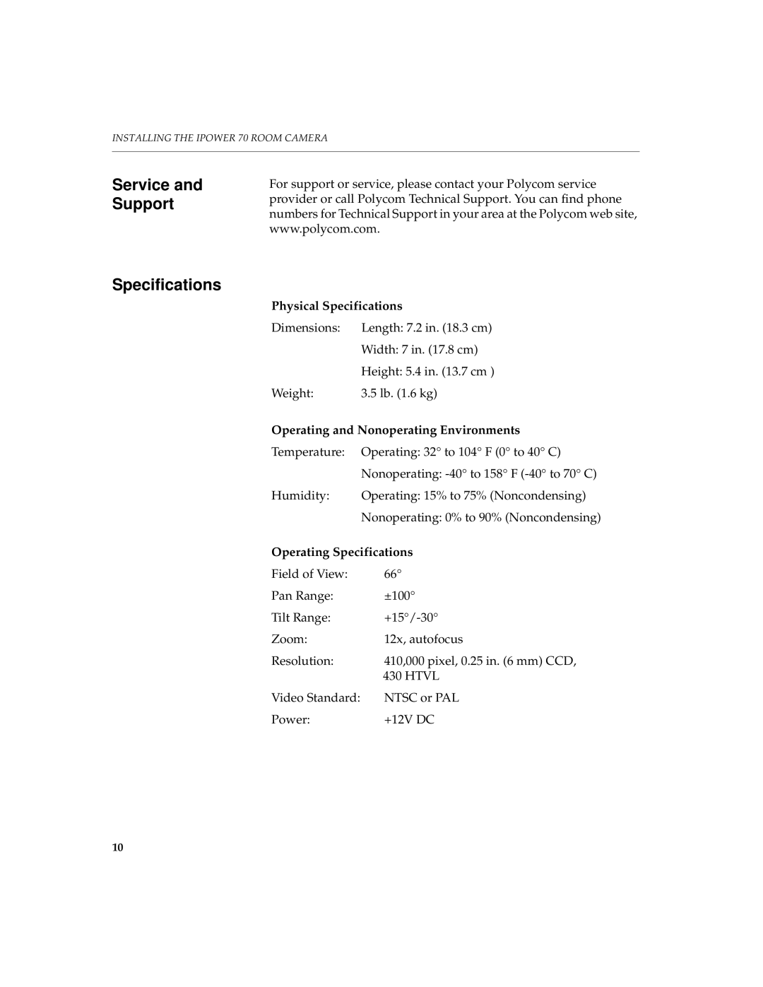 Polycom 70 manual Service and Support Specifications, Operating and Nonoperating Environments 