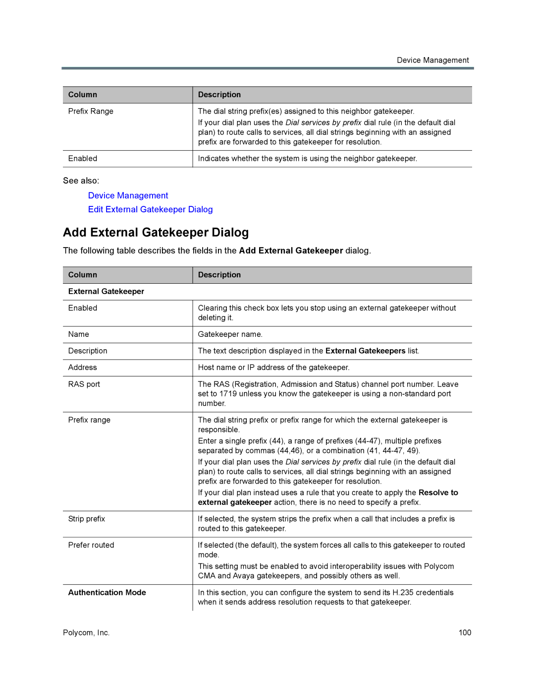 Polycom 7000 manual Add External Gatekeeper Dialog, Column Description External Gatekeeper, Authentication Mode 