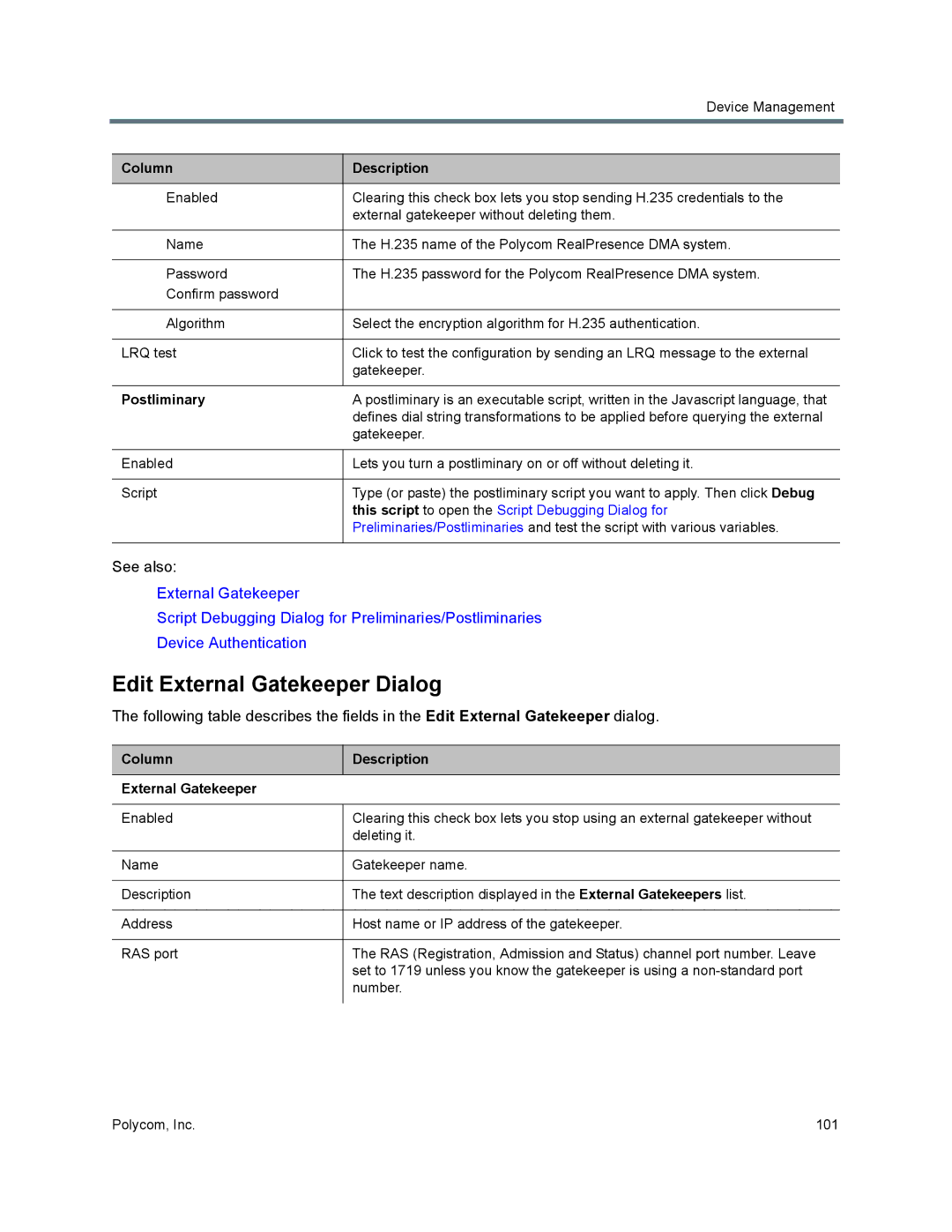 Polycom 7000 manual Edit External Gatekeeper Dialog, Postliminary 