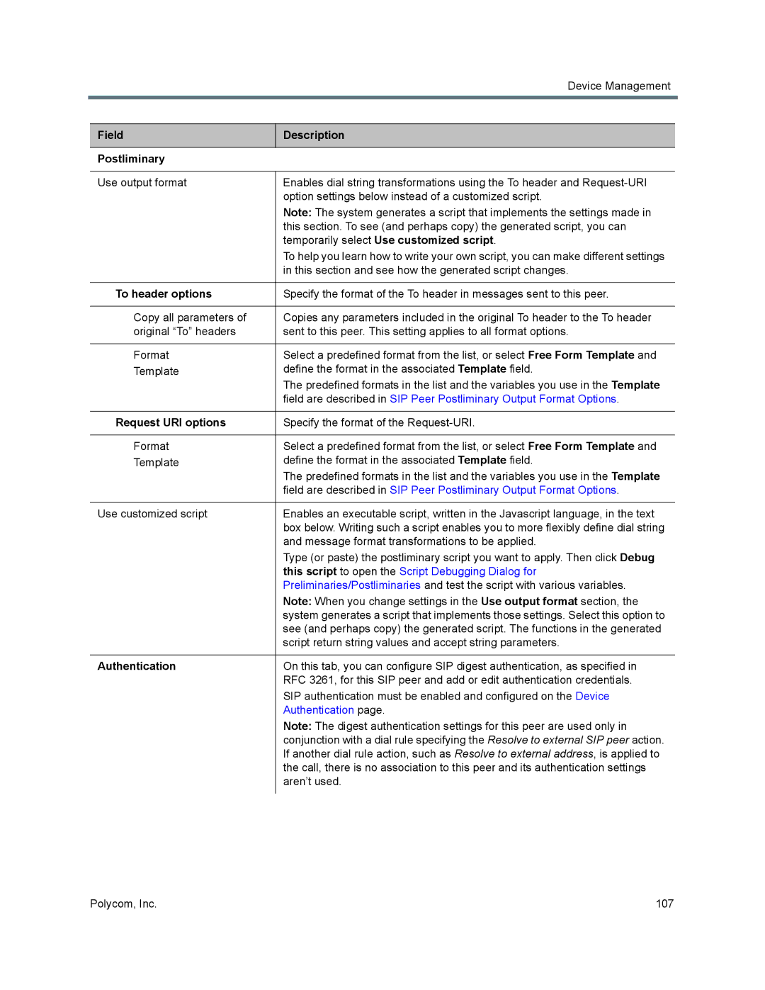 Polycom 7000 Field Description Postliminary, Temporarily select Use customized script, To header options, Authentication 