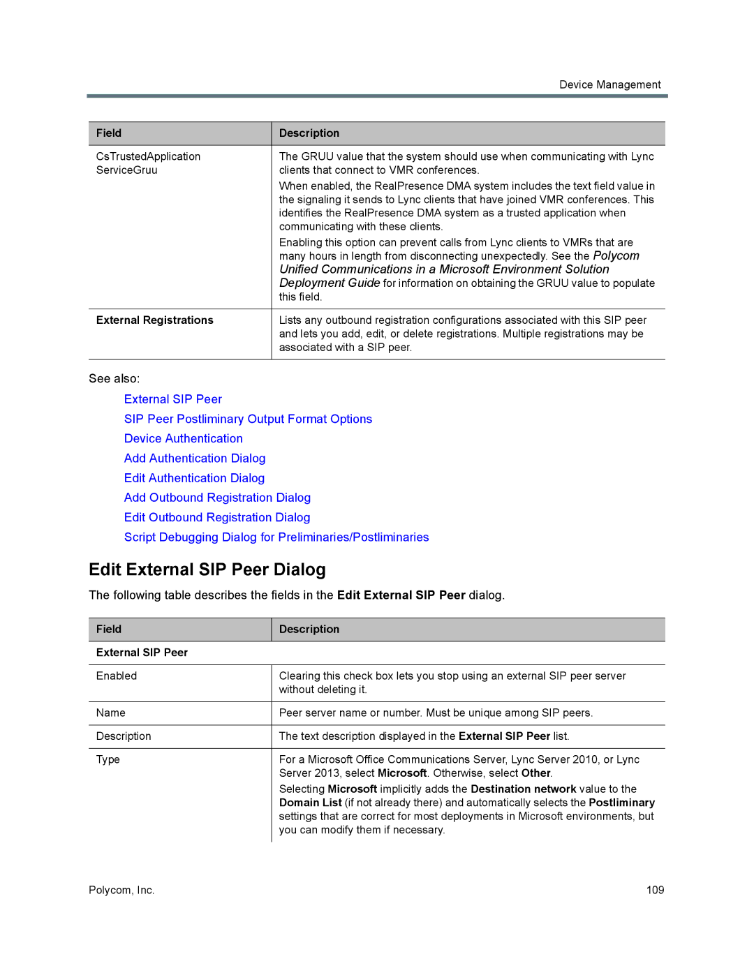 Polycom 7000 manual Edit External SIP Peer Dialog, External Registrations, Field Description External SIP Peer 